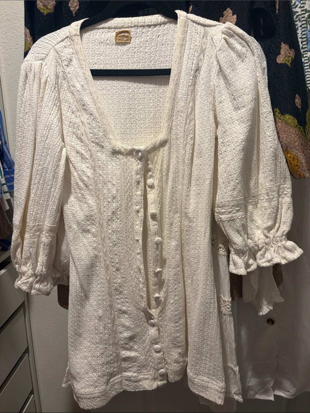 Free People Cream Button-Front Textured Peasant Dress